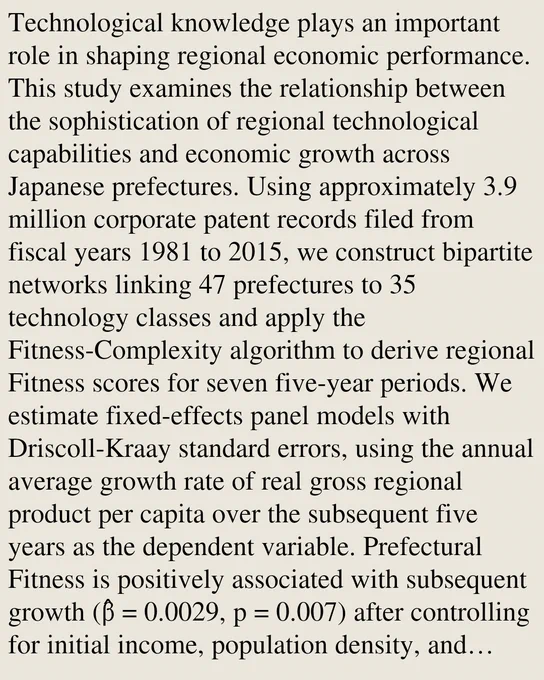 Technological knowledge plays an important role in shaping regional economic performance. This study examines the relationship between the sophistication of regional technological capabilities and economic growth across Japanese prefectures. Using approximately 3.9 million corporate patent records filed from fiscal years 1981 to 2015, we construct bipartite networks linking 47 prefectures to 35 technology classes and apply the Fitness-Complexity algorithm to derive regional Fitness scores for seven five-year periods. We estimate fixed-effects panel models with Driscoll-Kraay standard errors, using the annual average growth rate of real gross regional product per capita over the subsequent five years as the dependent variable. Prefectural Fitness is positively associated with subsequent growth (β̂ = 0.0029, p = 0.007) after controlling for initial income, population density, and patenting activity, but this relationship is detectable only when both entity and time fixed effects are incl