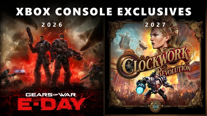 Visuel présentant les exclusivités console XBOX : Gears of War: E-Day en 2026 et Clockwork Revolution en 2027.