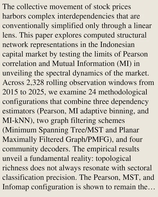 The collective movement of stock prices harbors complex interdependencies that are conventionally simplified only through a linear lens. This paper explores computed structural network representations in the Indonesian capital market by testing the limits of Pearson correlation and Mutual Information (MI) in unveiling the spectral dynamics of the market. Across 2,328 rolling observation windows from 2015 to 2025, we examine 24 methodological configurations that combine three dependency estimators (Pearson, MI adaptive binning, and MI-kNN), two graph filtering schemes (Minimum Spanning Tree/MST and Planar Maximally Filtered Graph/PMFG), and four community decoders. The empirical results unveil a fundamental reality: topological richness does not always resonate with sectoral classification precision. The Pearson, MST, and Infomap configuration is shown to remain the most robust foundation for recovering conventional sectoral taxonomy. Nevertheless, when deeper observation demands the ex