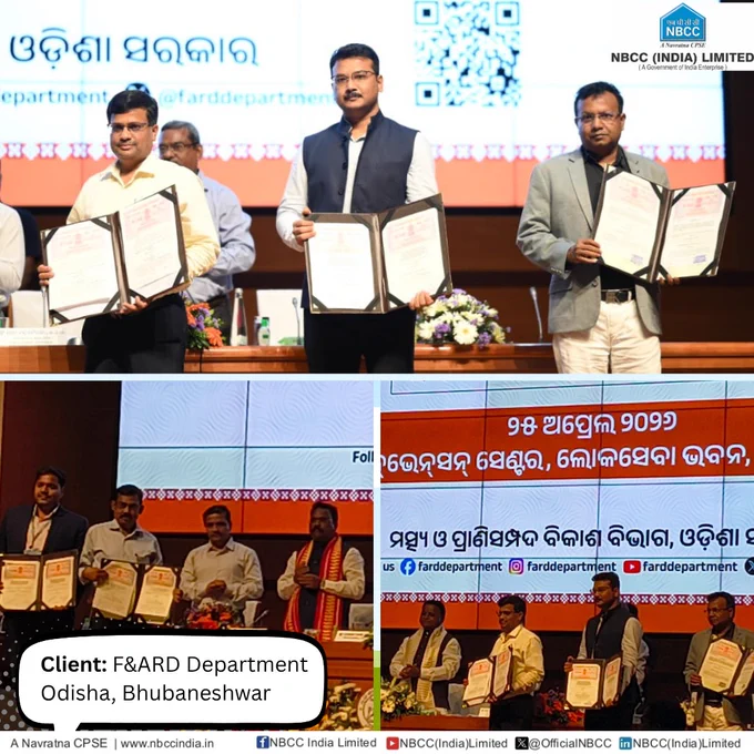 NBCC has been awarded a project worth ₹37.74 crore by the Fisheries & Animal Resources Development (F&ARD) Department, Government of Odisha, for the construction and expansion of veterinary healthcare infrastructure across several districts of the State. The scope of work includes development of Regional Veterinary Hospitals, Polyclinics, PCR Rooms, Diagnostic Laboratories, Veterinary Dispensaries, Sub-Block Veterinary Dispensaries, Livestock Aid Centres, Livestock Resource Centres and Administrative Offices