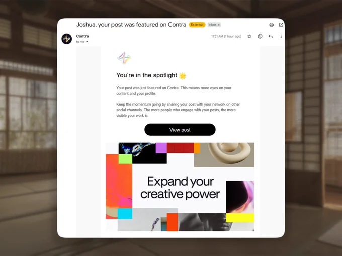Screenshot of my Contra featured post email.