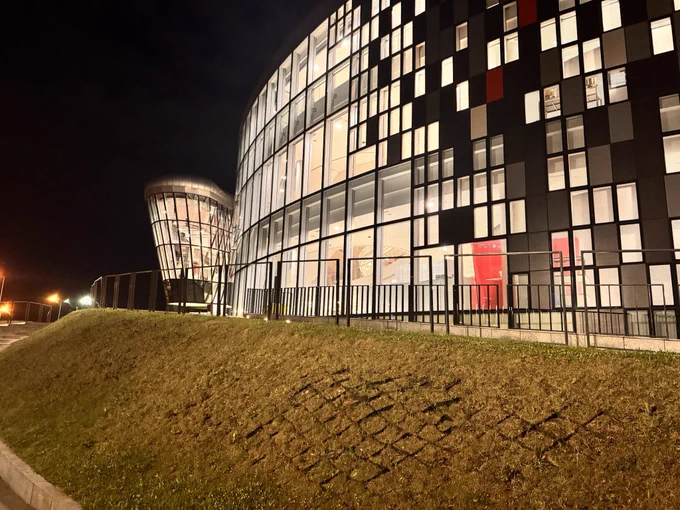 Front of the convention center by night where WordCamp Europe took place.