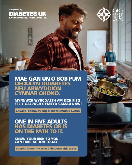 Man cooking in a kitchen with a diabetes awareness message highlighting that one in five adults has or is at risk of type 2 diabetes in Wales.