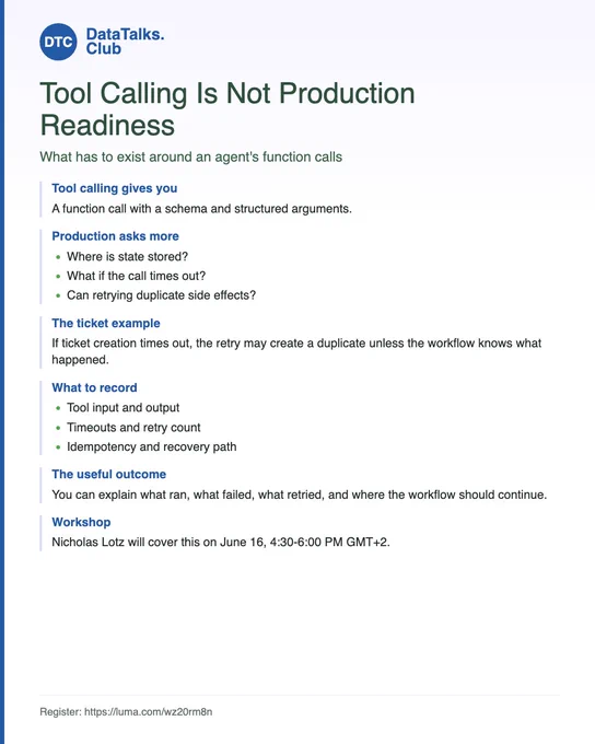 A document discussing tool calling in production environments, outlining ticket creation and retry issues, with a workshop invitation.