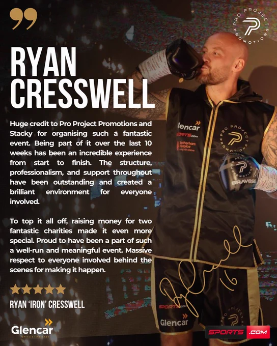 Image of Ryan Cresswell at a boxing event organized by Pro Project Promotions. The scene highlights celebration and gratitude for a successful and charitable event.