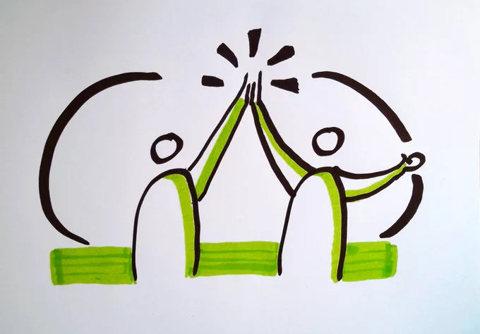 Two abstract figures giving a high five with green accents and curved lines suggesting motion or connection.