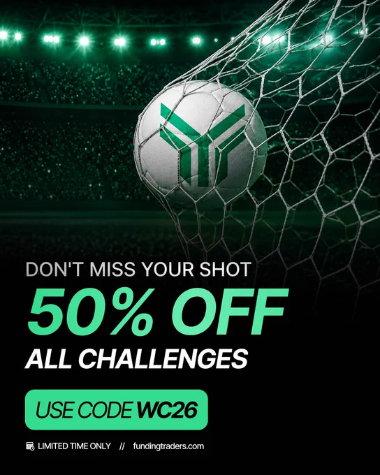 A dynamic sports-themed marketing image featuring a soccer ball in a goal net with promotional text offering 50% off on challenges. The mood is energetic and competitive.
