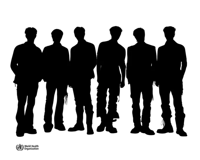 Silhouettes of six standing men in casual poses against a white background with a World Health Organization logo.