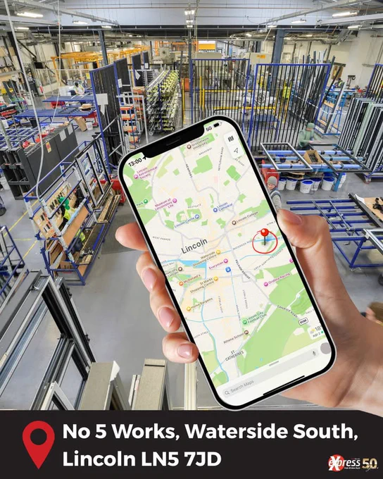 An industrial facility showcased from above, featuring a hand holding a smartphone displaying a map of Lincoln. The scene is professional and tech-savvy.
