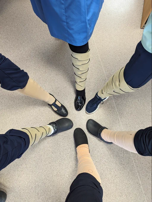 Six legs in a circle with different dressings on them