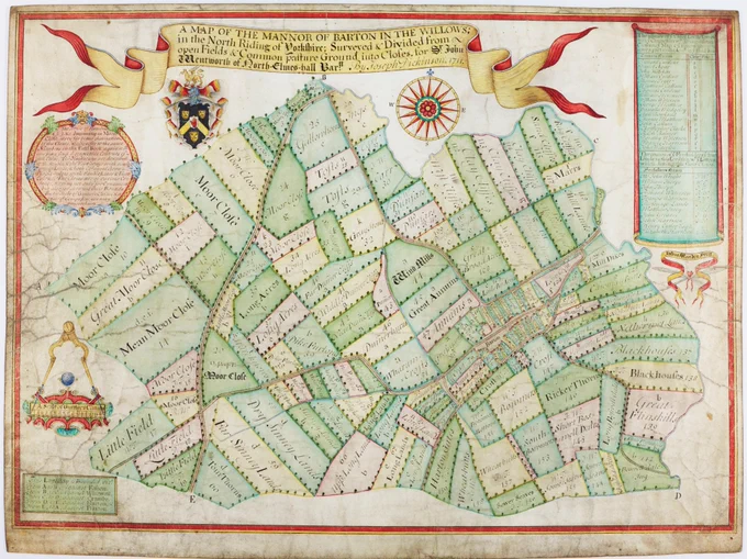 18th-century estate map of Barton in the Willows, showing neatly divided fields, paths, and boundaries in soft greens and yellows, with decorative cartouches, compass rose, and ornate title banner.