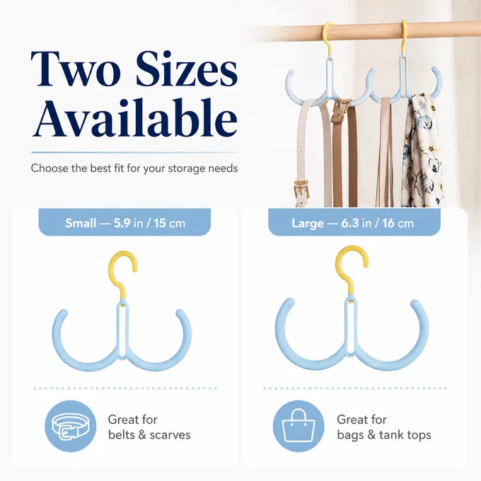 Blue and yellow double closet hook organizer shown in two size options, small 5.9 inch / 15 cm and large 6.3 inch / 16 cm. The small hook is designed for belts and scarves, while the large hook is ideal for handbags, tank tops, bags, scarves, hats, and closet accessories. Space-saving wardrobe hanger for closet organization, home storage, accessory storage, and everyday closet essentials.