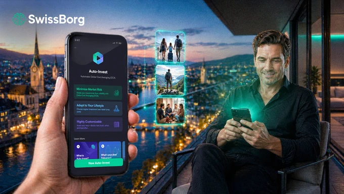 A man enjoys a city view while using a smartphone displaying an investment app, emphasizing automated wealth management.