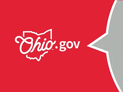 White Ohio state outline with 'Ohio.gov' text on a red background.