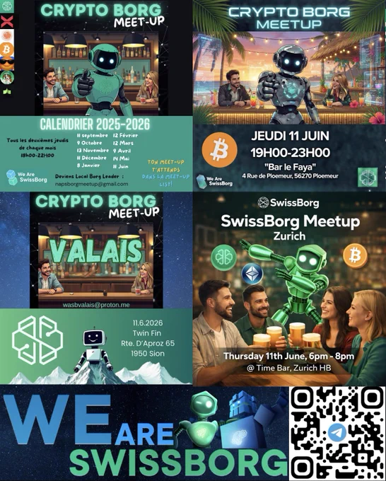 Flyers promote Crypto Borg meet-ups across Europe, featuring event details, locations, and themes centered on cryptocurrency and community.