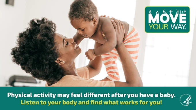 Mother joyfully lifting her baby while promoting post-baby physical activity awareness.