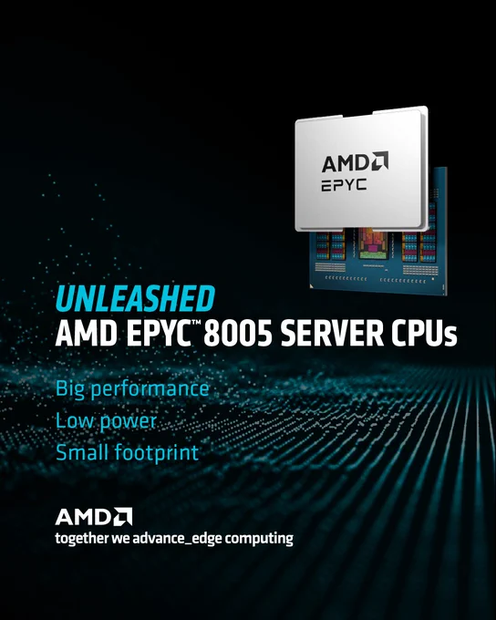 A promotional image for AMD EPYC 8005 Server CPUs. It features an AMD processor chip and a detailed graphic of a server board. The text highlights attributes: "Unleashed," "Big performance," "Low power," and "Small footprint." The AMD logo and slogan "together we advance_edge computing" appear at the bottom.