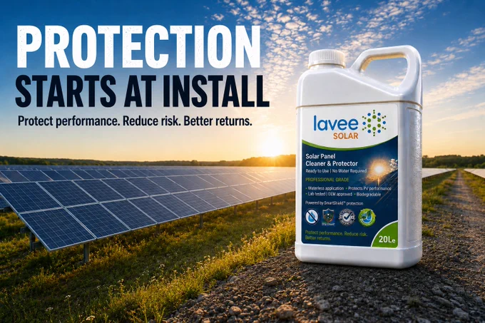 Solar PV farm at sunrise with rows of panels extending into the distance. A Lavee Solar 20L container is positioned in the foreground on the right. Large headline text reads “Protection starts at install,” with supporting line “Protect performance. Reduce risk. Better returns.” The product label identifies it as a solar panel cleaner and protector and references waterless application and SmartShield™ protection.