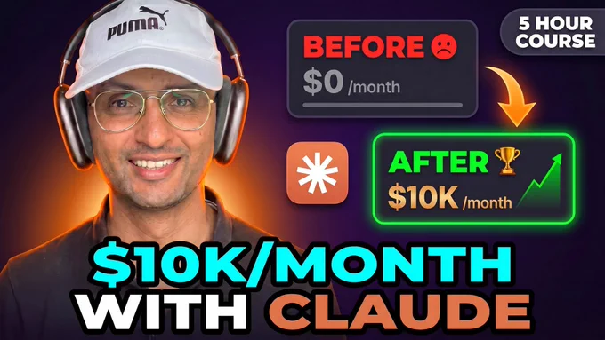 Smiling man wearing a Puma hat promotes a 5-hour AI course on scaling an agency to $10k per month using Claude.