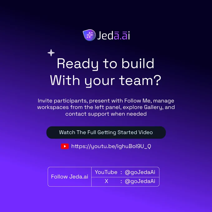 Ready to build with your team?

Invite participants, present with Follow Me, manage workspaces, explore Gallery, and get support when needed.

Watch the full walkthrough here:
https://youtu.be/ighuBol9U_Q

Save this thread before your first session: Getting Started with Jeda.ai.