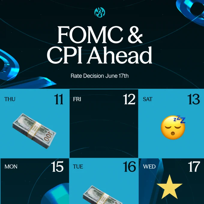 A calendar-style graphic highlighting the upcoming FOMC and CPI rate decision on June 17th, featuring currency imagery and emojis.