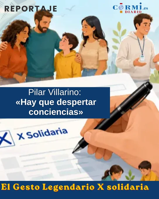 Papeleta con la X Solidaria marcada, mano con bolígrafo y familia sonriente; lema: «Hay que despertar conciencias»