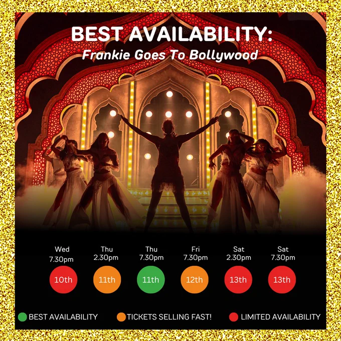 Silhouetted performer on stage with bright, colorful lights and ornate backdrop in Bollywood style. Text at the top reads "Best Availability: Frankie Goes To Bollywood." Below is a schedule: Wednesday at 7:30 pm (green), Thursday at 2:30 pm (orange), 7:30 pm (green), Friday at 7:30 pm (green), Saturday at 2:30 pm and 7:30 pm (red). Availability is color-coded; green is best, orange is selling fast, and red is limited.