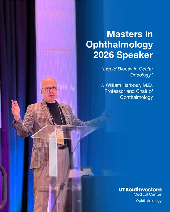 Man speaking at podium with text overlayed “Masters in Ophthalmology 2026 Speaker”