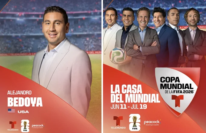 A collage with Alejandro Bedoya in front of a soccer field and also with colleagues, with the text "La Casa Del Mundial, Copa Mundial De La Fifa 2026, Jun 11-Jul 19."