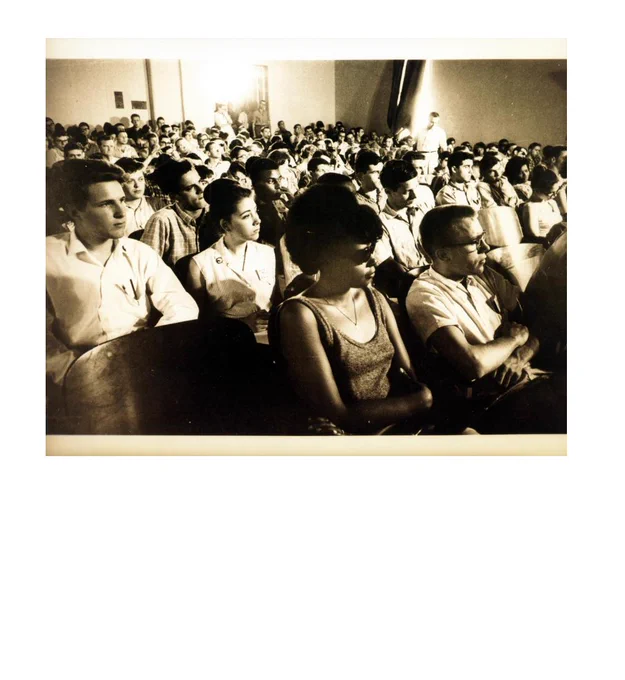 From the University of Southern Mississippi Zwerling (Matthew) Freedom Summer Collection: Photograph of civil rights volunteers taken at the Freedom Summer Training Session in Oxford, Ohio, in 1964. The training session was held to prepare volunteers for work in Mississippi. Andrew Goodman (third row, fourth from the right) is seated next to Mathew Zwerling (third row, third from the right). Goodman was later murdered in Philadelphia in 1964. This is the one of the last known photographs of Goodman.