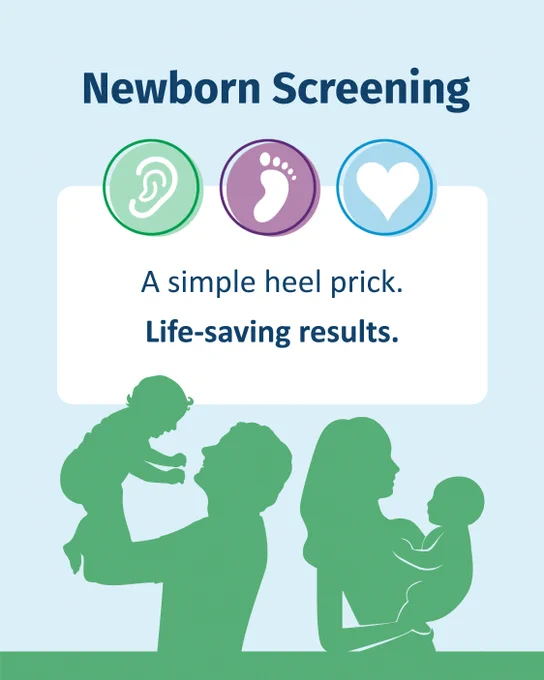Image illustrating "Newborn Screening" with icons of an ear, foot, and heart. Text reads: "A simple heel prick. Life-saving results." Silhouettes depict adults holding infants.
