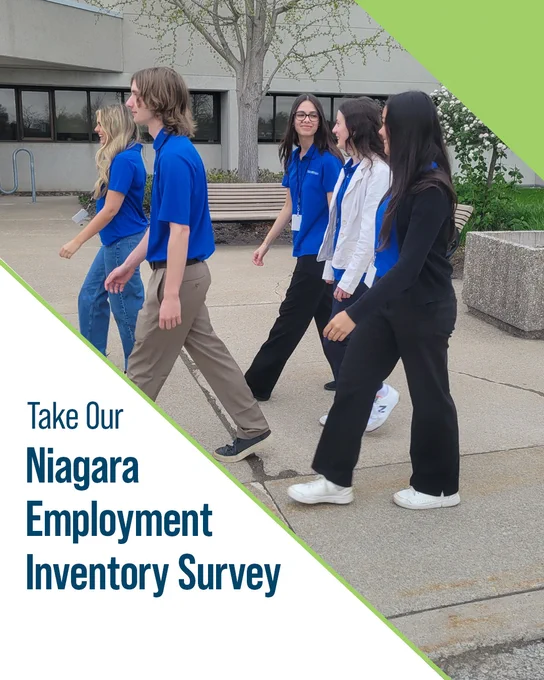 Group of people walking outside a building all wearing matching blue shirts. Text says: "Take Our Niagara Employment Inventory Survey".