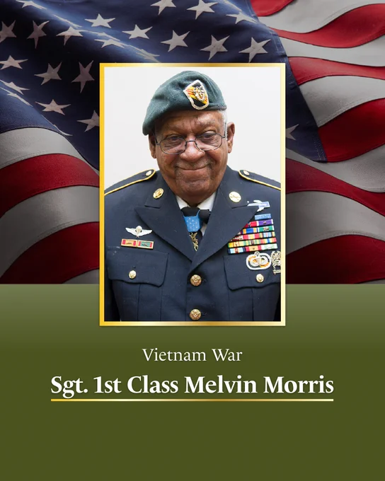 Graphic honoring Vietnam War veteran Sgt. 1st Class Melvin Morris, featuring a framed photo of Morris set against a waving American flag background.
