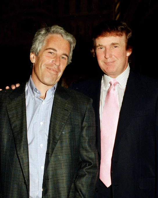 An image of Donald Trump with his arm around Jeffrey Epstein both grinning at the camera. 