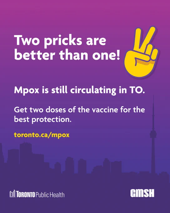 Purple background with a silhouette of the Toronto skyline. White text reads, ‘Two pricks are better than one!’ with a peace finger emoji beside. Underneath, more white text reads, ‘Mpox is still circulating in TO. Get two doses of the vaccine for the best protection.’ A yellow link to toronto.ca/mpox and the Toronto Public Health & Gay Men’s Sexual Health Alliance logos in white at the bottom.