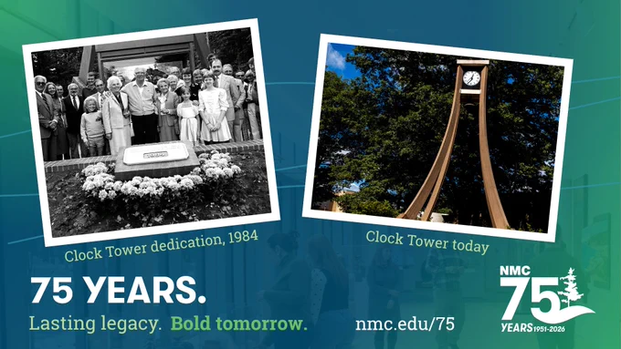 75th anniversary graphic for Northwestern Michigan College. Includes a black-and-white photo of the Clock Tower dedication in 1984, a color photo of the Clock Tower today, and the text: "75 Years. Lasting legacy. Bold tomorrow. nmc.edu/75.