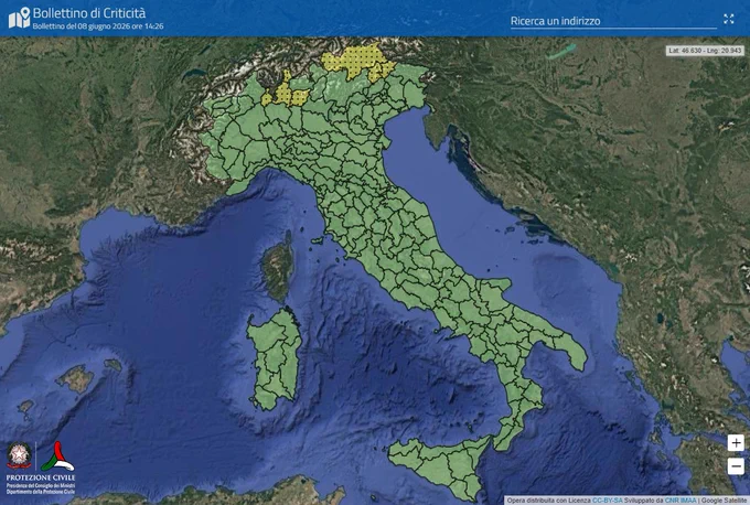 Bollettino di criticità e allerta, per il 9 giugno allerta gialla su Provincia Autonoma di Bolazano e settori di Lombardia e Veneto
