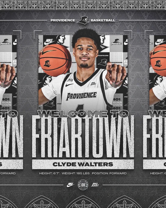 Welcome to Friartown Clyde Walters, pointing with basketball on shoulder height six feet, seven inches, weight one hundred eighty-five pounds, position, forward, Providence Basketball, 100 years logo, BIG EAST logo, Friar Head logo, Harkins Hall arch boarder