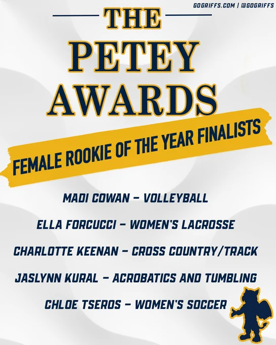 The Petey Awards
Female Rookie of the Year Finalists
Madi Cowan - Volleyball
Ella Forcucci - Women's Lacrosse
Charlote Keenan - Cross Country/Track
Jaslynn Kural - Acrobatics and Tumbling 
Chloe Tseros - Women's Soccer 