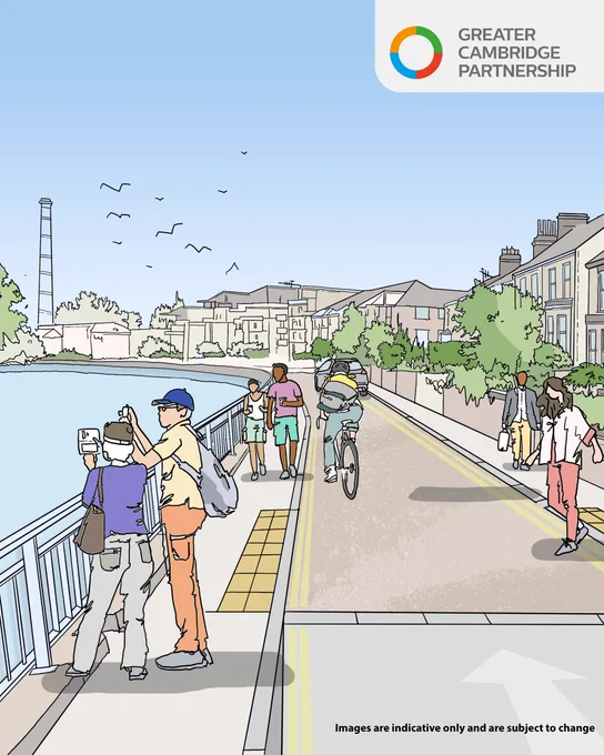 Illustrated riverside road and walkway with pedestrians and a cyclist, people leaning on a railing looking toward the water, cars on the street, and buildings and a tall chimney in the background.