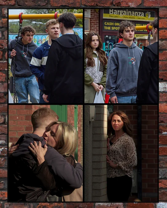 The second pictute is split into four images. The first shows Dylan in confrontation with another lad in the precient as they stare each other down chest to chest. Brody stands behind Dylan, moving forward to join the confrontation. The secnd imagw shows Brody now in confrontation with the lad. A scrowl across his face. Betsy stands behind him, a worried look on her face. The third image shows Sarah and Gary as they hug on the street. The final image shows Maria lurking in the shadows watching Sarah and Gary's embrace, a worried look on her face. 