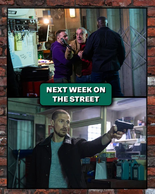 The first picture is split into two images. The first shows Kevin angrily waving a wrench as he tries to launch at Carl in the garage. Tyrone and Ronnie hold him back. The Second image shows Carl as he points a gun. A serious look upon his face. 