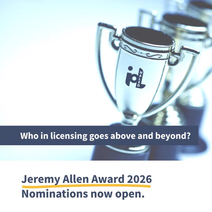 Silver trophies with IoL branding. Text reads: "Who in licensing goes above and beyond? Jeremy Allen Award 2026. Nominations now open."