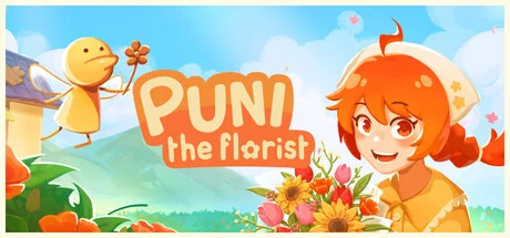 Artwork for Puni the Florist showing a woman with ginger hair in a plait carrying a bouquet of flowers. A little yellow fairy carrying a flower wand is floating beside her. 