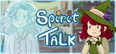 Artwork for Spirit Talk showing a young girl with red hair dressed in a green dress and wearing a green witch's hat. She's looking at the ghostly figure of a woman with hooped earrings and a bow. 