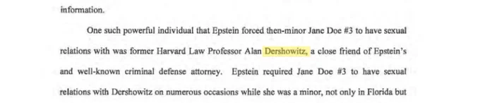 2015 civil complaint excerpt: Epstein forced Jane Doe Three to have sexual relations with Alan Dershowitz on numerous occasions while she was a minor, EFTA00021553