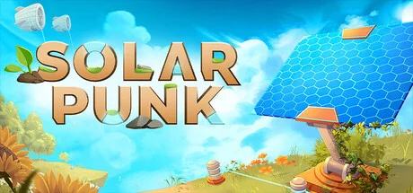Artwork for Solarpunk showing a solar panel standing on a grassy hillside. 