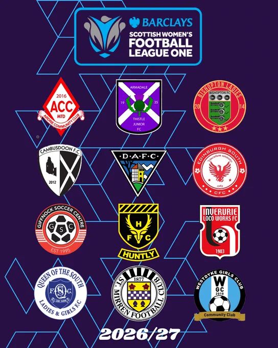 The crests of the 12 clubs: Airdrie CC, Armadale Thistle, Bishopton, Cambusdoon, Dunfermline Athletic, Edinburgh South, Giffnock SC, Huntly, Inverurie Locos, Queen of the South, St Mirren, Westdyke