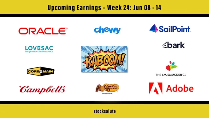 Stock Earnings Calendar for Week 24, 2026. The design features a yellow top and bottom banner. The middle section has a "Kaboom!"-style funny cartoon design to emphasize epicness. The following company logos are visible:  Oracle, Chewy, SailPoint, BARK, Adobe, The J.M. Smucker Company, Cracker Barrel Old Country Store, Campbell's Company, Core & Main, Lovesac.