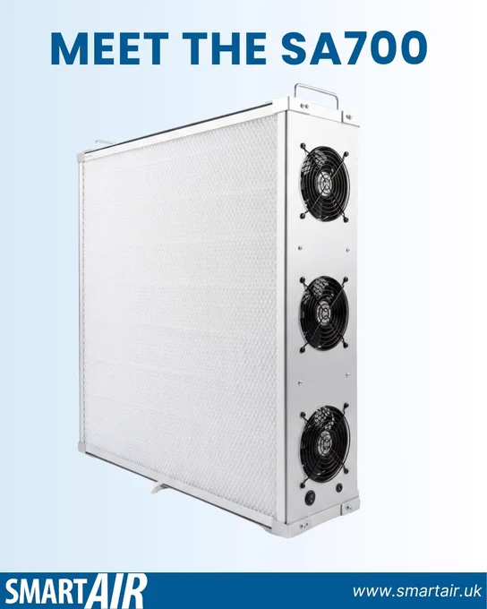 SA700 commercial air purifier with a large HEPA filter panel and three integrated cooling fans, displayed against a light background with promotional branding and product introduction text.